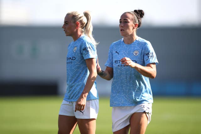 Manchester City pair Alex Greenwood, left, and Lucy Bronze have returned to the WSL from Lyon