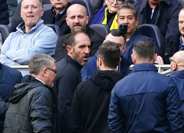 Tottenham interim manager Cristian Stellini and Brighton boss Roberto De Zerbi exchange words. Both were sent off in Spurs' controversial 2-1 win 