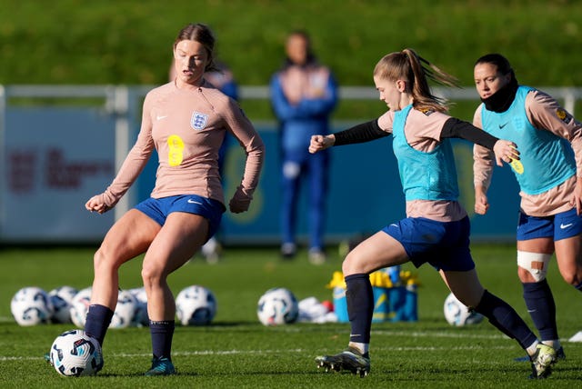 England's Ruby Mace (left) and Jessica Park (right) during a training session at St George’s Park