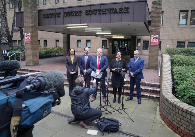 Detective Chief Inspector Iain Moor from the Bedfordshire, Cambridge and Hertfordshire Major Crime Unit, third left, and Jaswant Narwal Chief Crown Prosecutor at CPS Thames and Chiltern, second right, speaking to the media