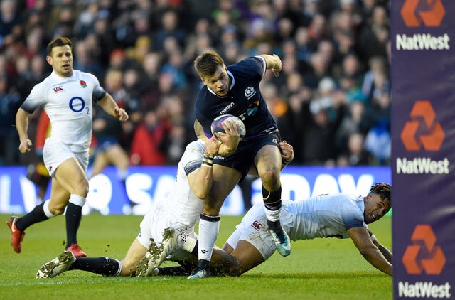 Huw Jones scores Scotland's third try at Murrayfield