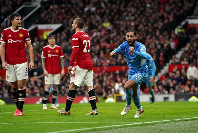Bernardo Silva celebrates at Manchester United