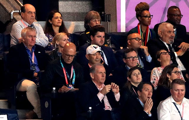 Eddie Jones (in the white cap) watched with defence coach John Mitchell (to his right) as South Africa beat Wales