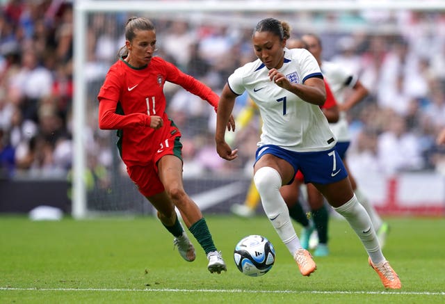 Lauren James (right) in action against Portugal (Martin Rickett/PA)