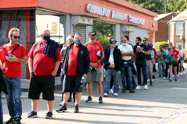 Supporters queued sensibly outside The Valley, where Charlton took on Doncaster