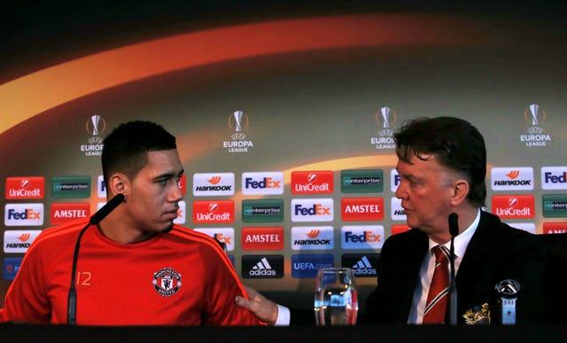 Chris Smalling (left) seemed to be a hard name for Manchester United manager Louis van Gaal to remember.