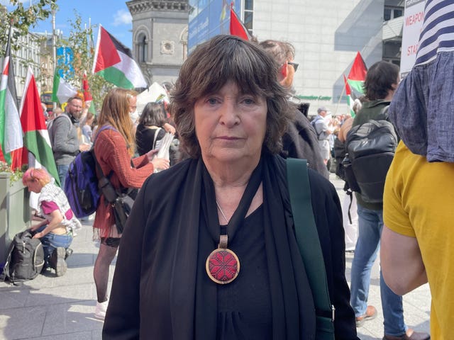 Former RTE producer Betty Purcell at a Dublin pro-Palestine demonstration held in Barnardo Square