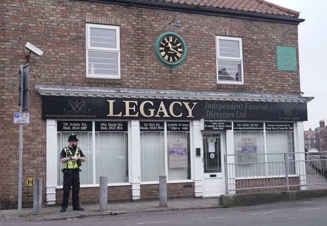 Police outside the Beckside branch of Legacy Independent Funeral Directors in Hull. 