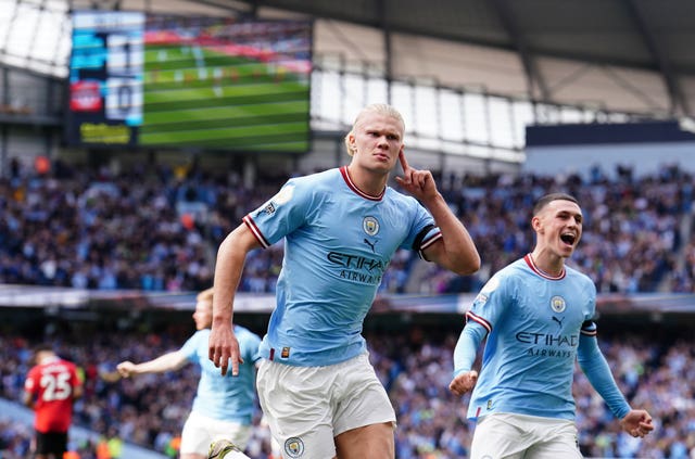 Hat-trick heroes Erling Haaland, left, and Phil Foden, right, celebrate during Manchester City's crushing 6-3 success over Manchester United in October. Pep Guardiola's side stylishly ripped apart their rivals in the derby demolition at the Etihad Stadium and led 4-0 at the break courtesy of two goals apiece from Haaland and Foden. The pair completed their trebles during a second period in which the visitors managed to salvage some pride thanks to a goal from Antony and Anthony Martial's late brace