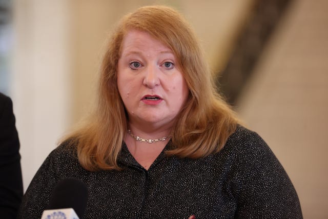Leader of the Alliance party, Naomi Long, giving her reaction to members of the media following a meeting with Taoiseach Simon Harris