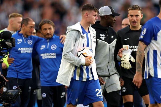 Evan Ferguson with the match ball after scoring a hat-trick against Newcastle