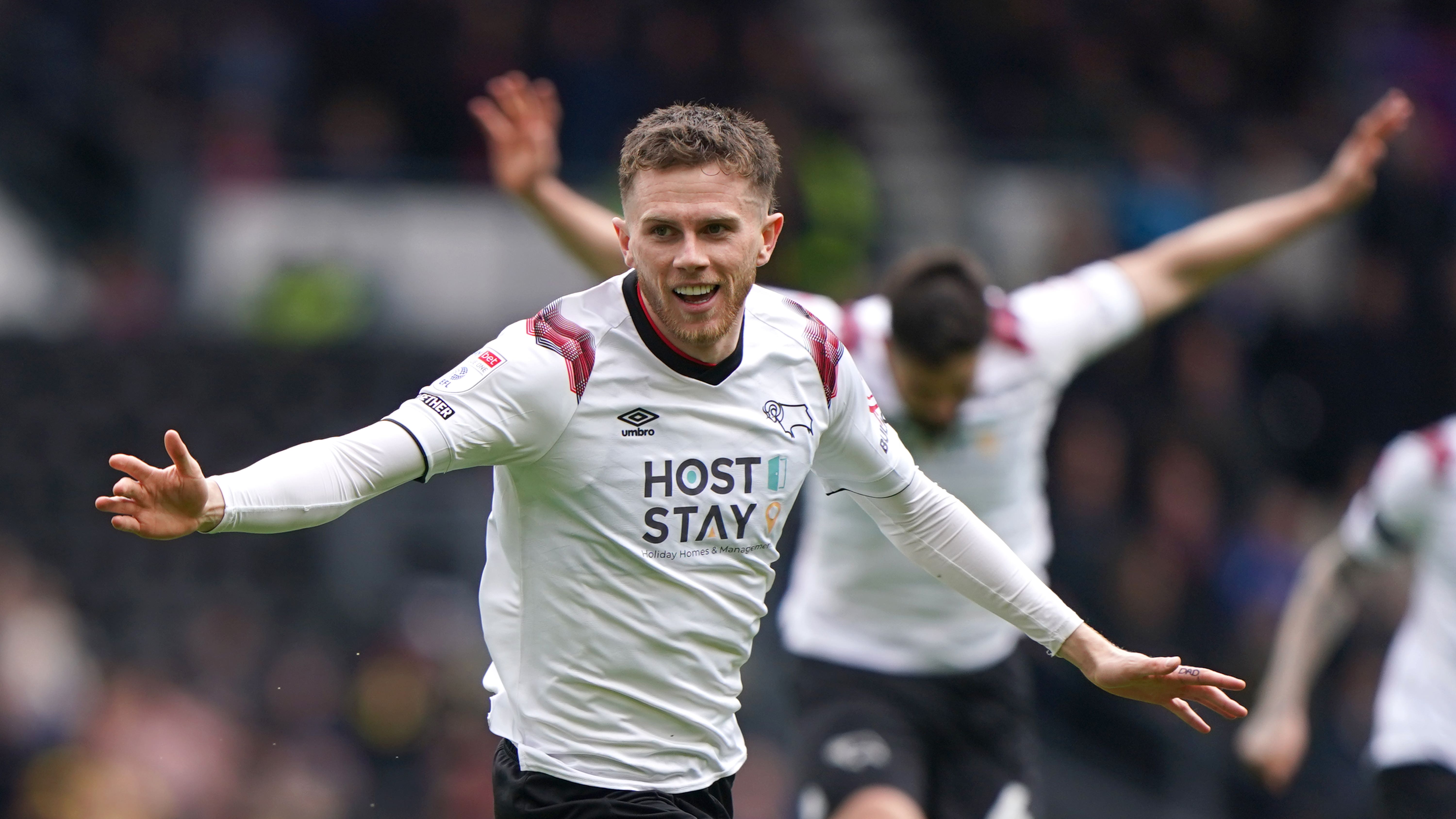 Derby’s Max Bird celebrates (Joe Giddens/PA)