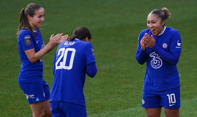 Chelsea's Lauren James (right) celebrates scoring against Tottenham (Adam Davy/PA).