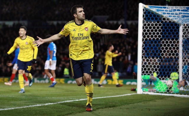 Arsenal’s Sokratis celebrates scoring during the FA Cup fifth round 