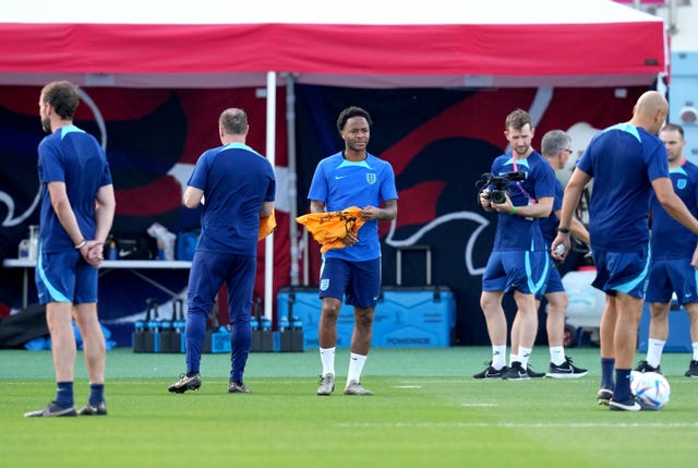England’s Raheem Sterling (centre) trained on Friday