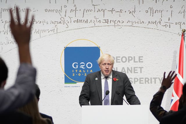 Prime Minister Boris Johnson speaks during the closing press conference at the G20 summit in Rome where he was asked about the French fishing row