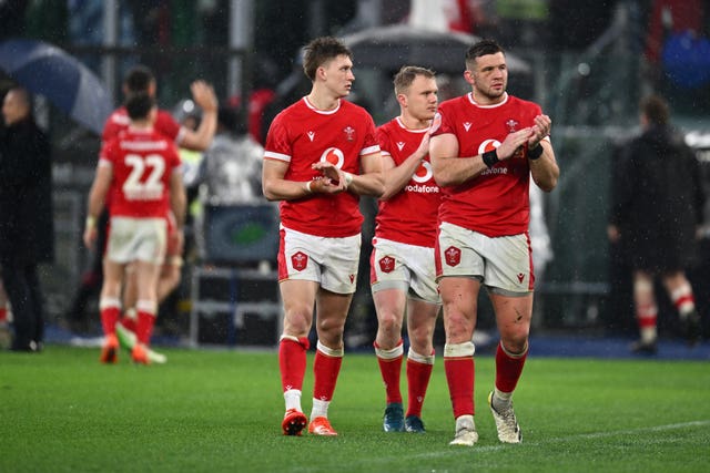 Wales players appear dejected after the Guinness Men’s Six Nations match at Stadio Olimpico