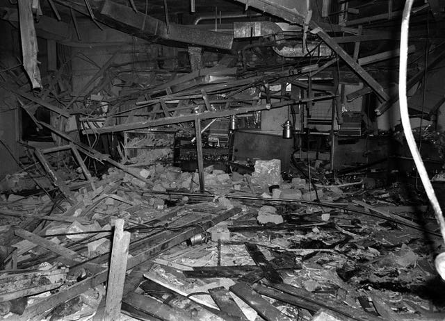 Black and white picture of the destroyed remains of the Mulberry Bush pub