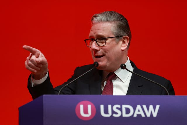 Prime Minister Sir Keir Starmer delivers a speech to the Usdaw conference in north-west England