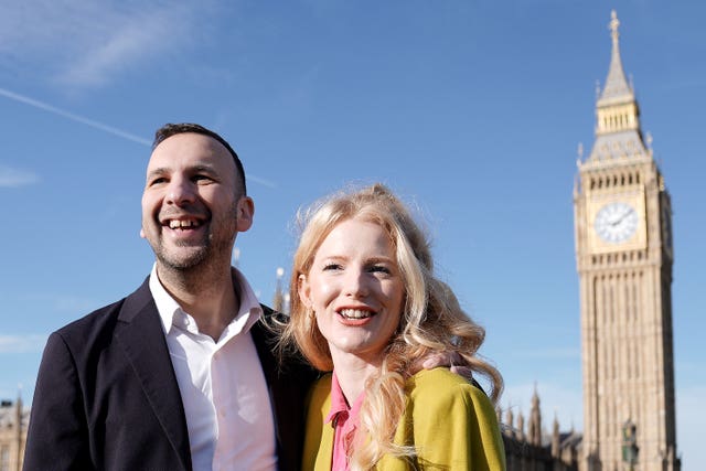 Newly elected Green MP for Gorton and Denton Hannah Spencer poses for photos at Westminster Bridge, London, with Green Party leader Zack Polanski ahead of her entering Parliament for the first tim