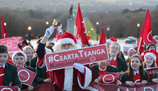 Campaigners for an Irish Language act protest outside Parliament Buildings