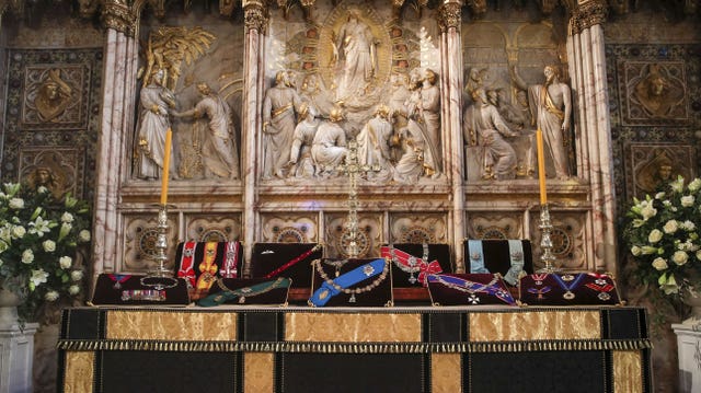 The Duke of Edinburgh’s Insignia’s has been placed on the altar in St George’s Chapel, Windsor, ahead of his funeral (Steve Parsons/PA)