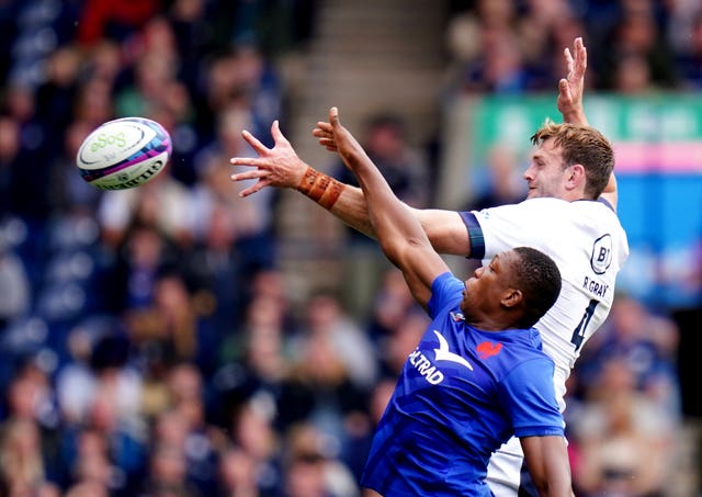 Scotland’s Richie Gray and France’s Cameron Woki battle for possession during the Scots' 25-21 comeback victory at Murrayfield
