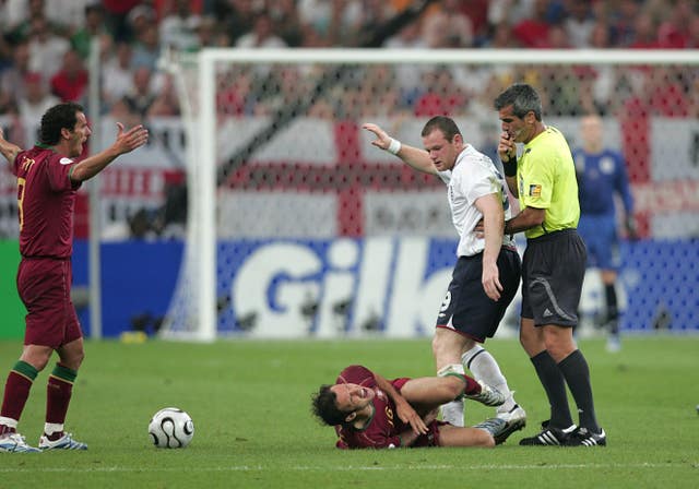 Wayne Rooney, second right, was sent off during England's quarter-final exit at the hands of Portugal following a stamp on Ricardo Carvalho