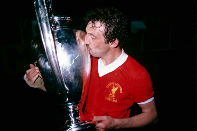 Liverpool’s winning goalscorer Alan Kennedy celebrates with the European Cup
