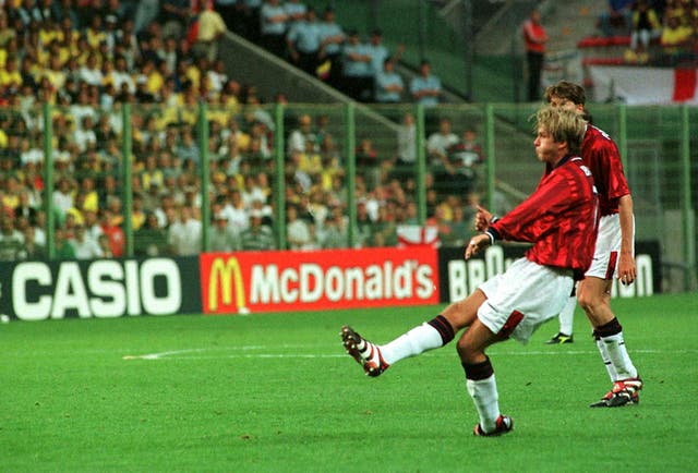 David Beckham scored his first England goal against Colombia.