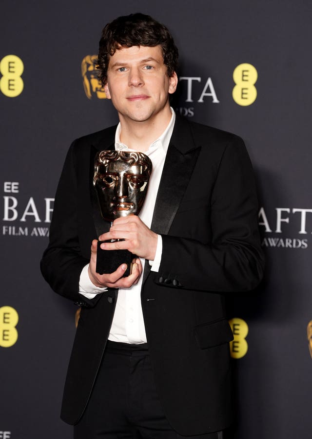 Jesse Eisenberg in the press room after winning the best original screenplay award for A Real Pain during the 78th British Academy Film Awards at the Royal Festival Hall, Southbank Centre, London