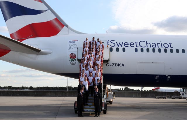 England team on a BA plane