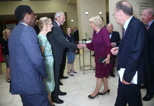 The Duchess of Cornwall meets royal correspondents (left to right) Alan Tony Jones, Laura Elston and royal photographer John Stillwell (Yui Mok/PA)