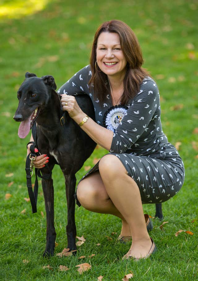 Sue Hayman, pictured with greyhound Hugo, said Labour was the party of animal welfare (Dominic Lipinski/PA Images)