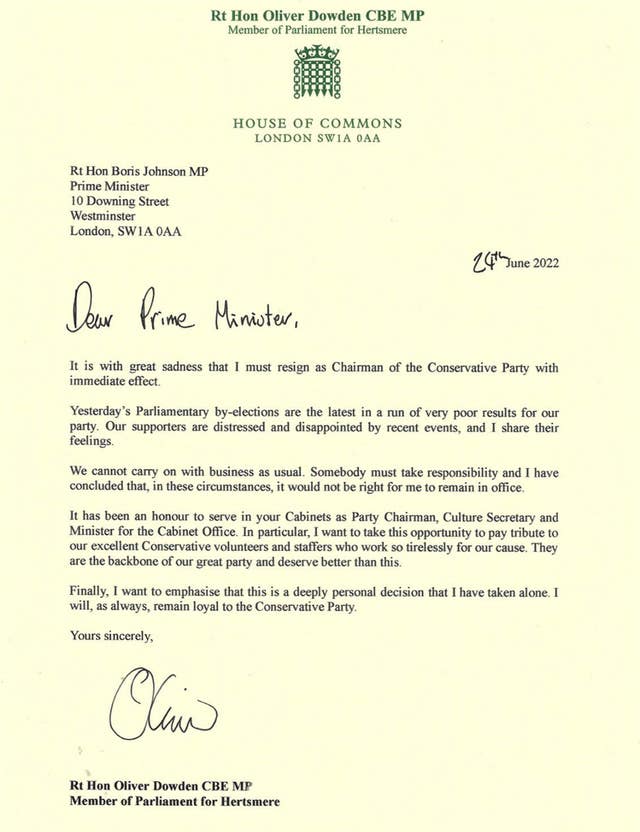 Oliver Dowden's resignation letter
