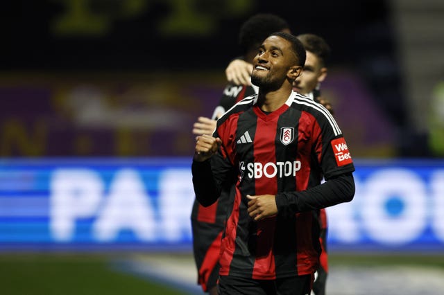 Reiss Nelson clenches his fist to celebrate Fulham''s equaliser at Preston