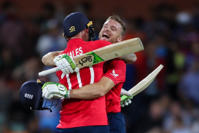 Hales and Jos Buttler, right, put on a record-breaking unbroken 170-run stand (PA)