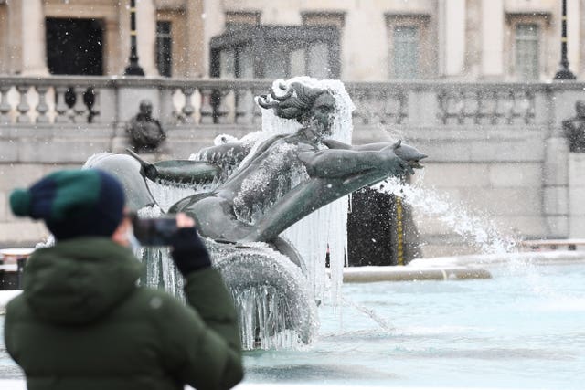 An ice-covered mermaid statue