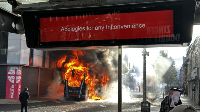 A Glider bus on fire in east Belfast 