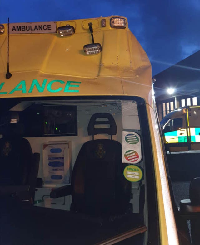 Traffic cone damage to ambulance