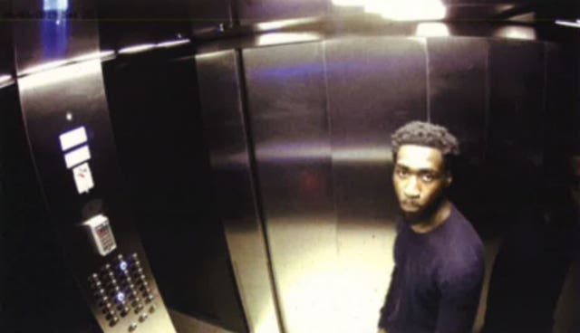 Joel Osei in the lift as he arrived at Adrian Murphy’s flat in Battersea, west London