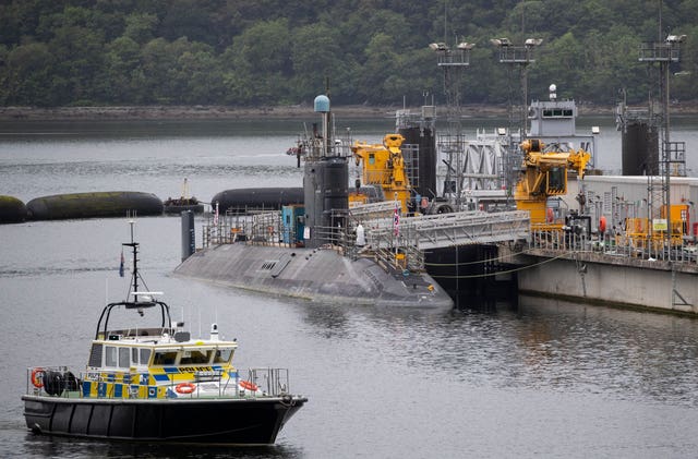 A nuclear submarine in the dock at HM Naval Base Clyde, Scotland 