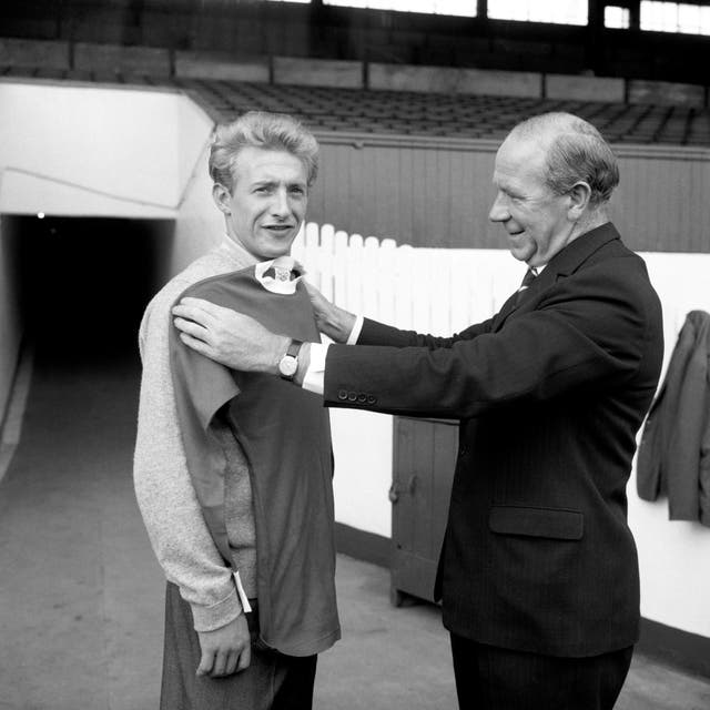 Denis Law with Manchester United manager Matt Busby after joining the club from Torino