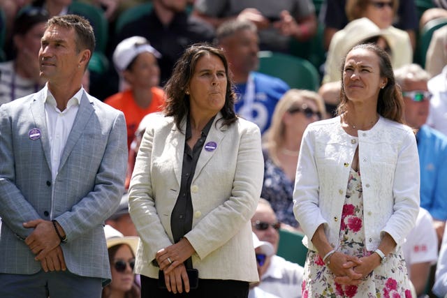 Pat Cash (left), Conchita Martinez (centre) and Martina Hingis were among the former champions introduced to the crowd