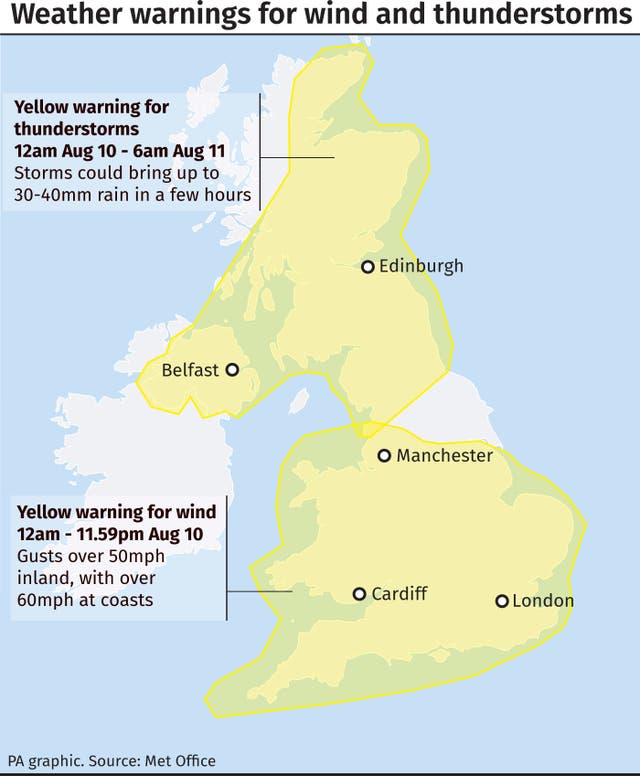 Weather warning for wind and thunderstorms