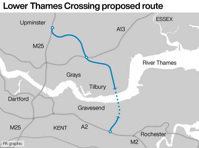 A PA graphic showing the proposed route for the lower Thames Crossing