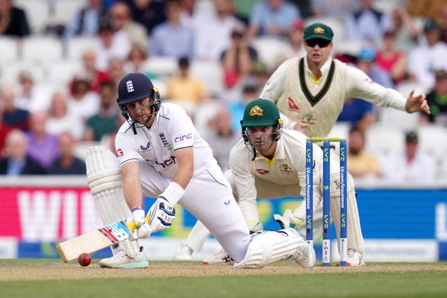 Joe Root (left) aims a sweep against Australia in the 2023 Ashes.