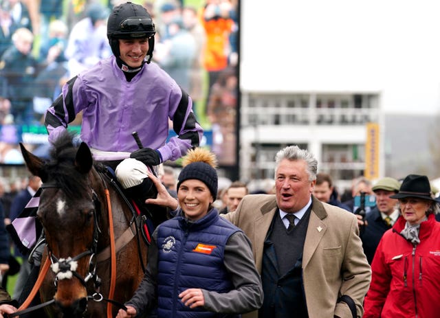 Harry Cobden celebrates with Paul Nicholls after Stage Star won the Turners Novices’ Chase on day three of the Cheltenham Festival 