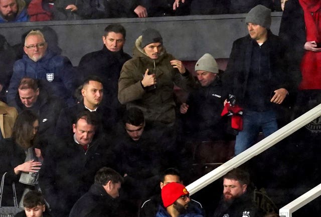 New signing Marcel Sabitzer (centre) was in the stands at Old Trafford on Wednesday