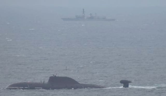 British submarine hunter HMS Portland (top) tracking Akula-class attack submarine Vepr in the North Sea, north west of Bergen, Norway 